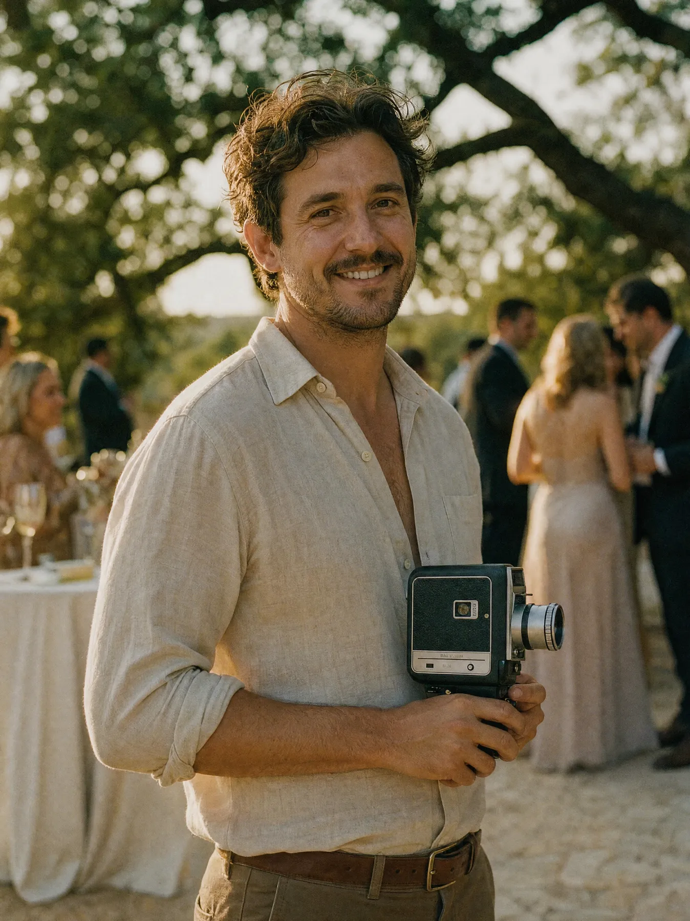 Jake McDonald holding a Super 8 camera at an outdoor wedding reception