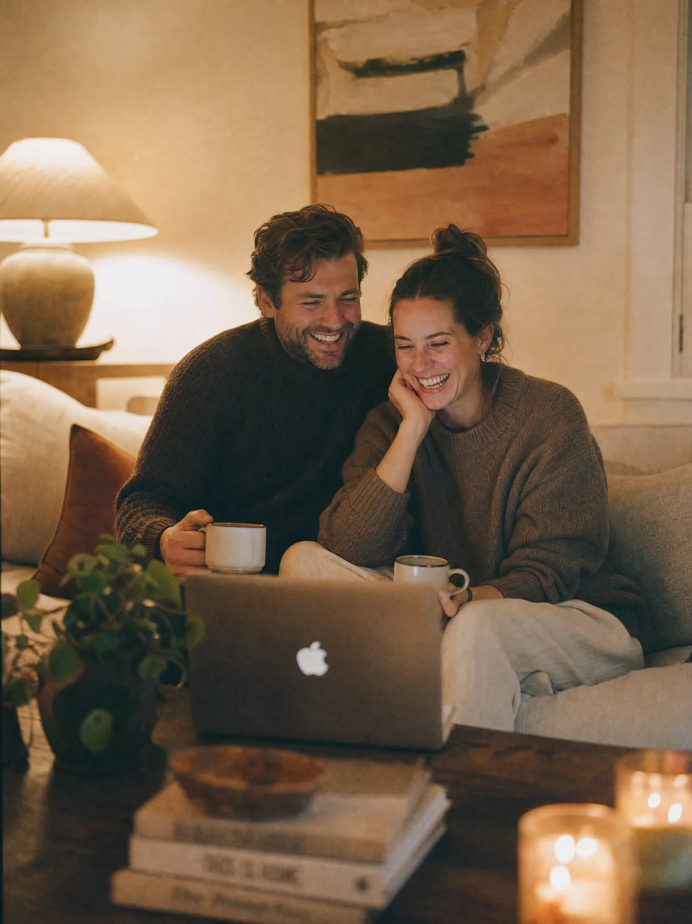 Couple laughing together on the couch while watching their wedding film